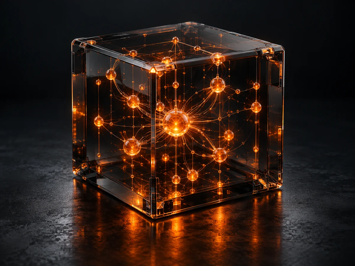 AI concept: orange connected nodes inside a smoked-glass cube