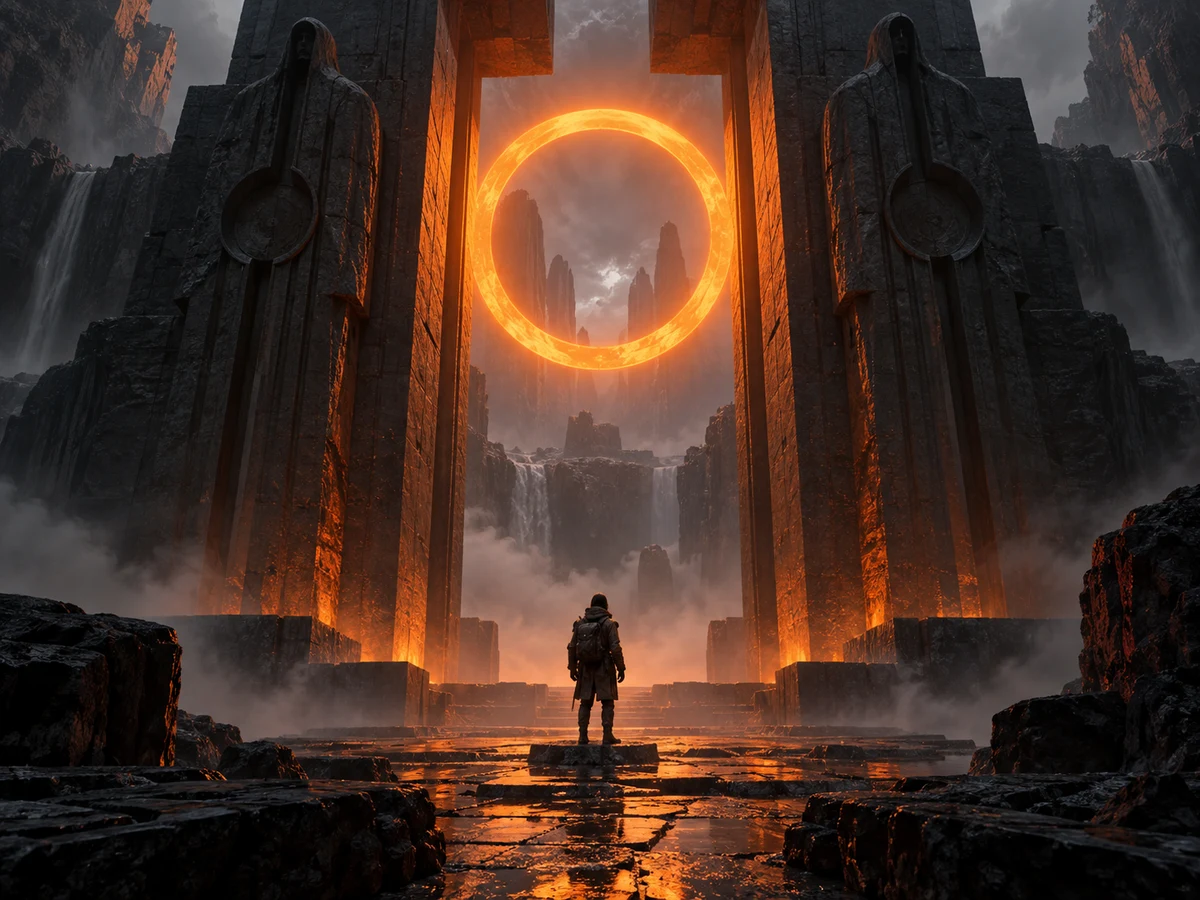 Game-world concept: an explorer facing a glowing orange portal in a dark canyon