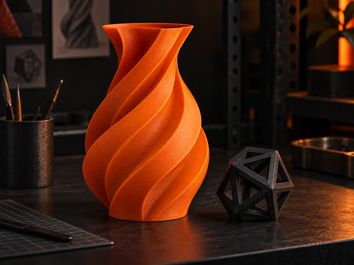 3D-printing concept: a twisting orange vase and a dark geometric prototype